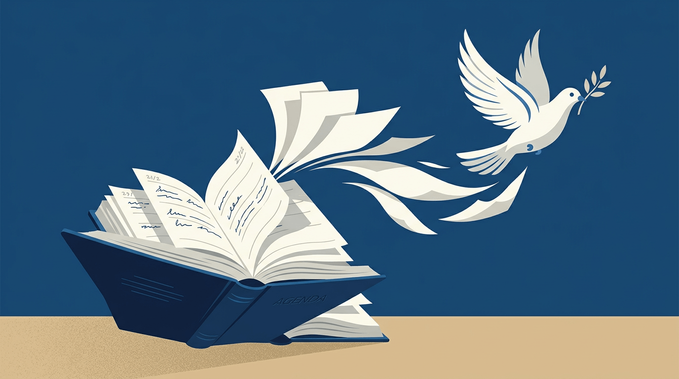 Firefly_Gemini Flash_Editorial illustration, flat modern style, a stylized white dove flying out of the fr 215323