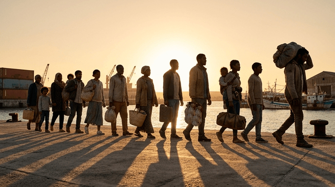 Firefly_Gemini-Flash_create-a–photo-shows-only-poor-migrants-from-Africa-walking-along-a-port-quay